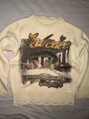 Cream Graphic Knit Sweater - Distressed Crewneck